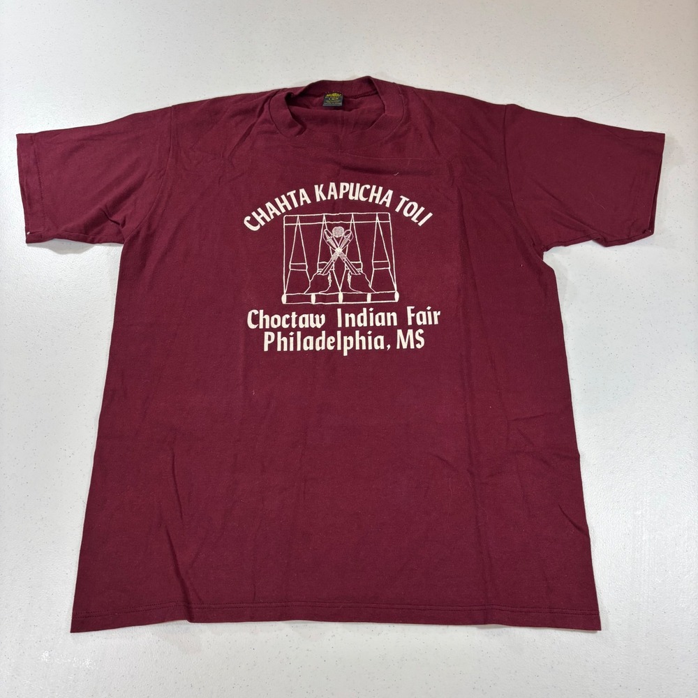 VTG Jerzees Choctaw Indian Fair Stickball T-Shirt Maroon Mens L USA Made 1980s